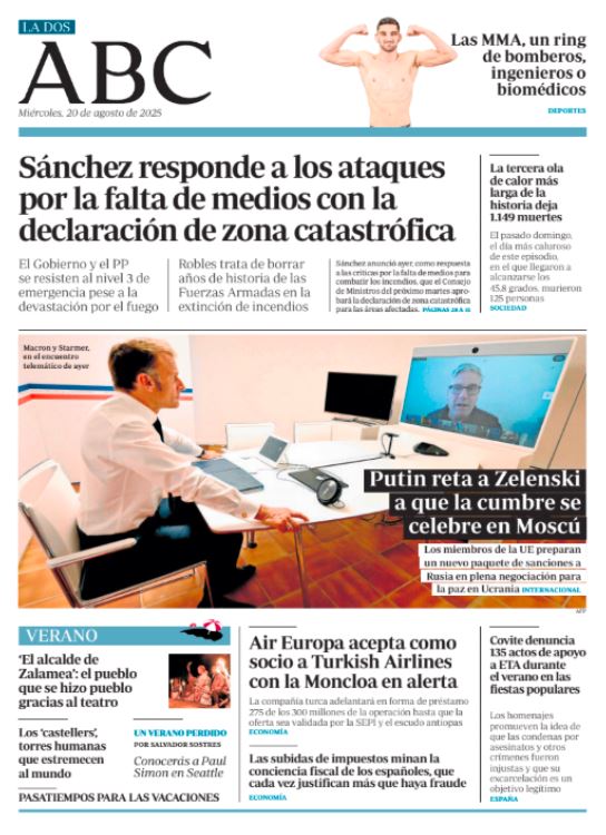 Portadas de la prensa internacional de este miércoles 20 de agosto de 2025