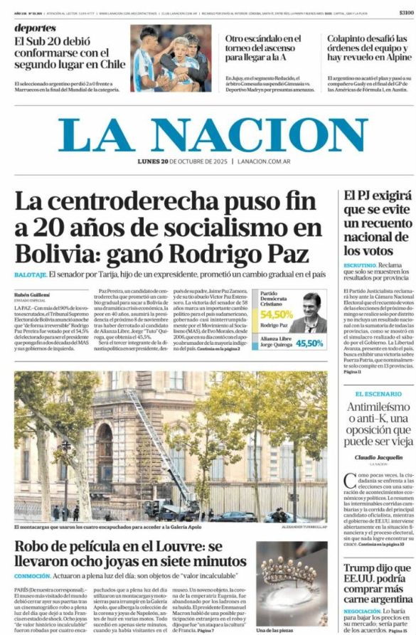 Portadas latinoamericanas de este lunes 20 de octubre de 2025