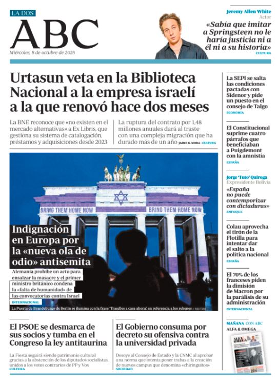 Portadas de la prensa internacional de este miércoles 8 de octubre de 2025