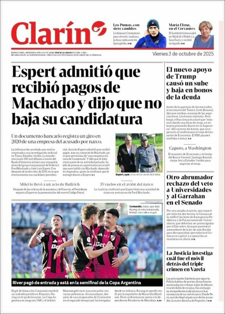 Portadas latinoamericanas de este 3 de octubre de 2025