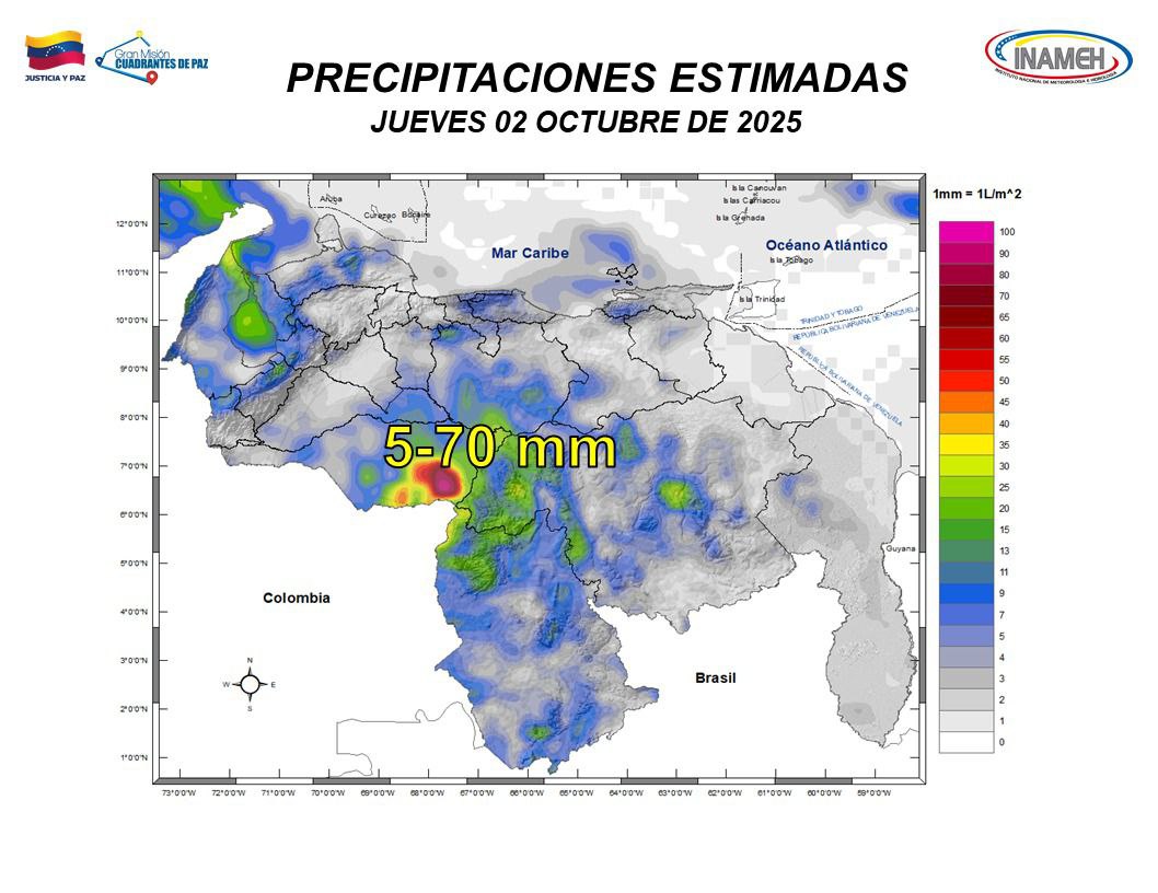 Inameh prevé lluvias y chubascos en algunos estados de Venezuela este #2Oct