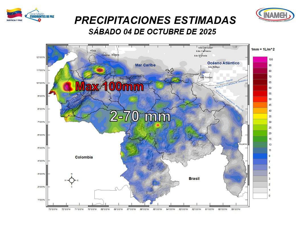 Inameh alerta sobre chubascos y descargas eléctricas en varias regiones de Venezuela este #4Oct