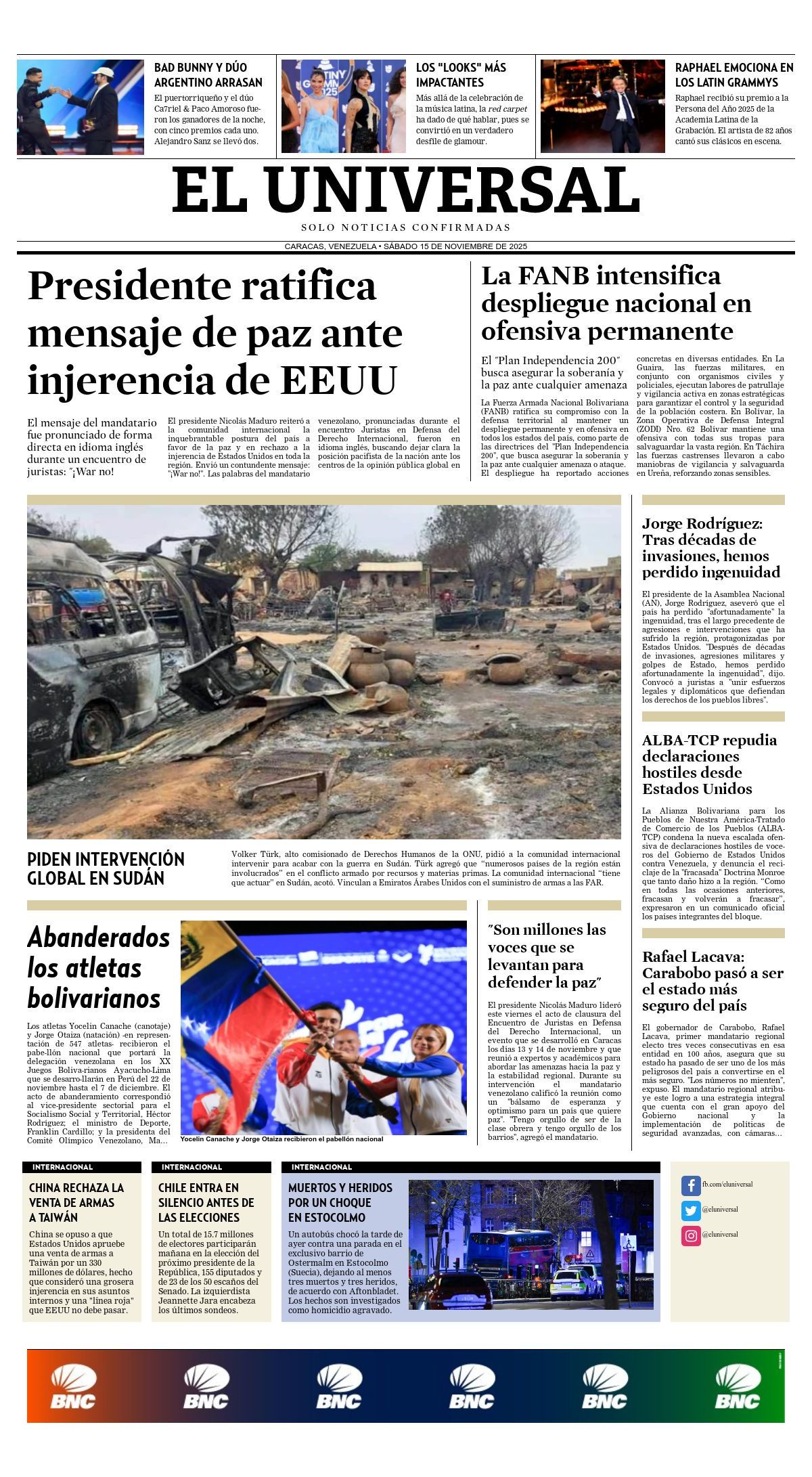 Portadas de este sábado 15 de noviembre de 2025