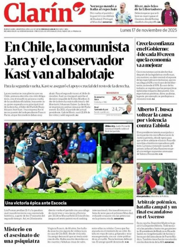 Portadas latinoamericanas de este lunes 17 de noviembre de 2025