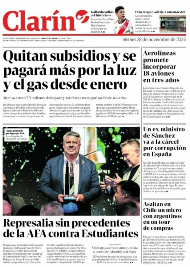Portadas latinoamericanas de este viernes 28 de noviembre de 2025