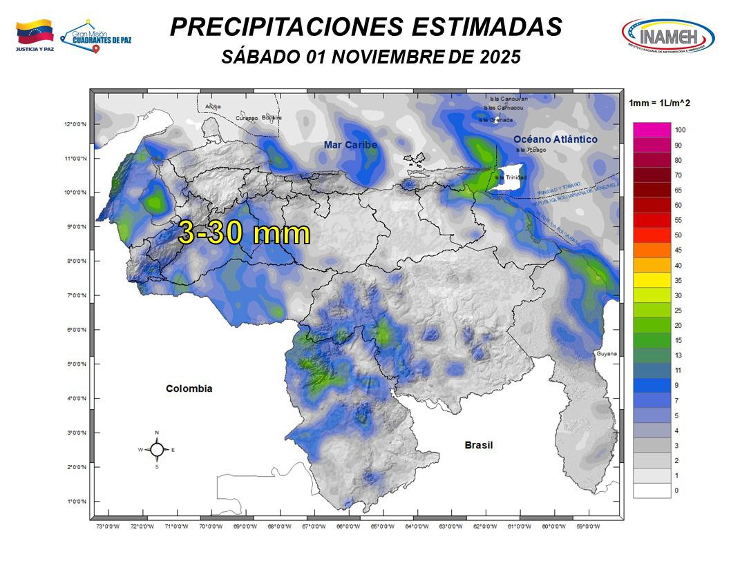 Cielos nublados y chubascos marcarán el inicio de noviembre en Venezuela, según Inameh