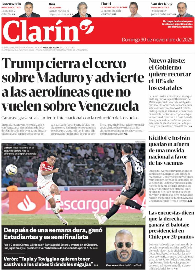 Portadas latinoamericanas de este 30 de noviembre de 2025