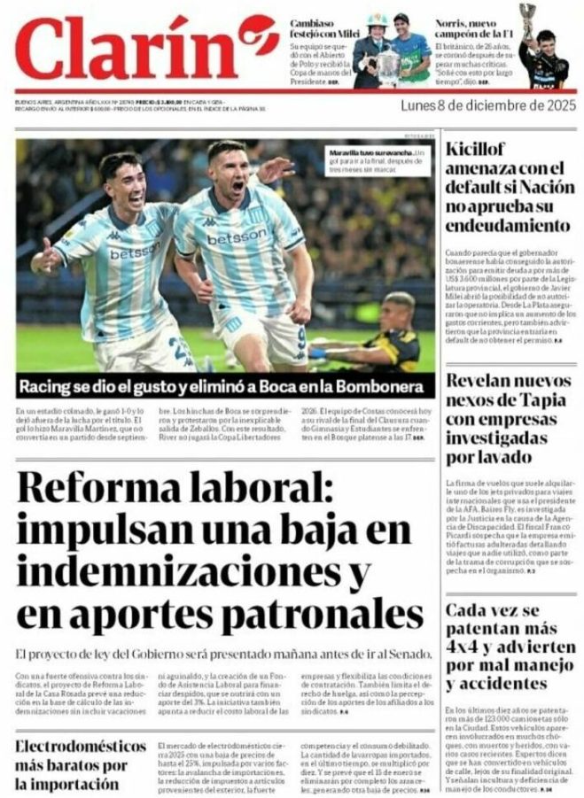 Portadas latinoamericanas de este lunes 8 de diciembre de 2025