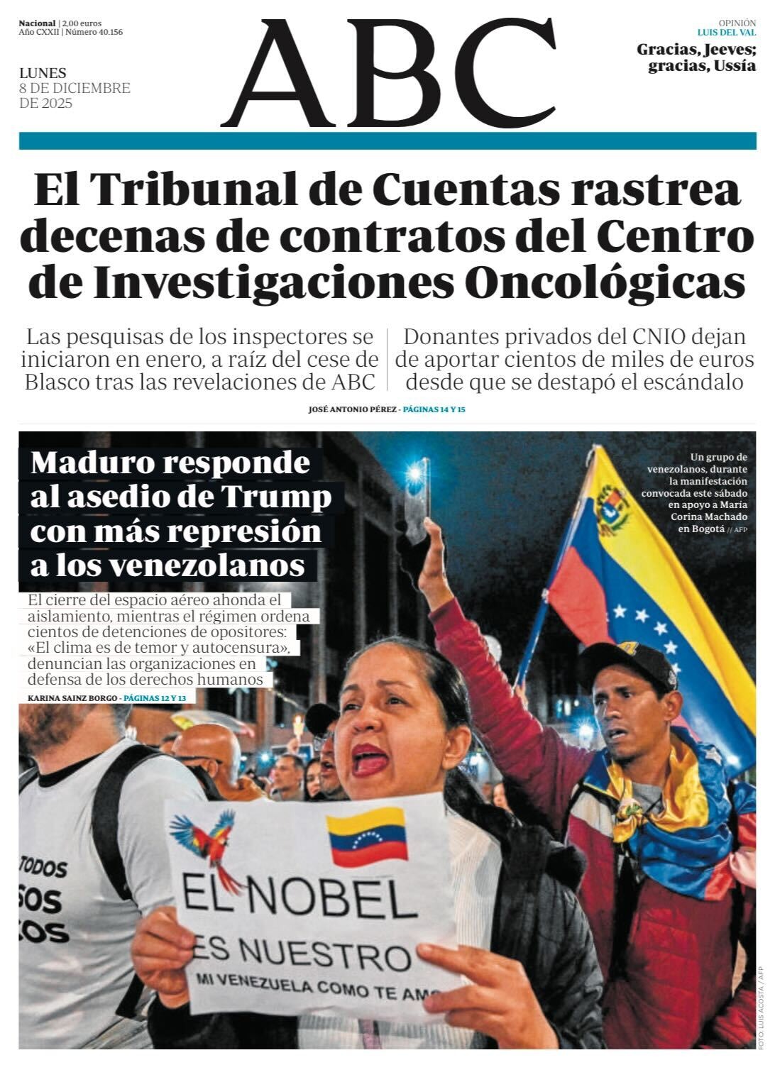 Portadas de la prensa internacional de este lunes 8 de diciembre de 2025