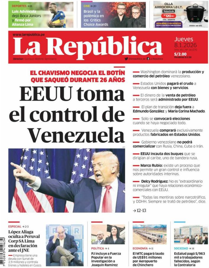 Portadas latinoamericanas de este jueves 8 de enero de 2026