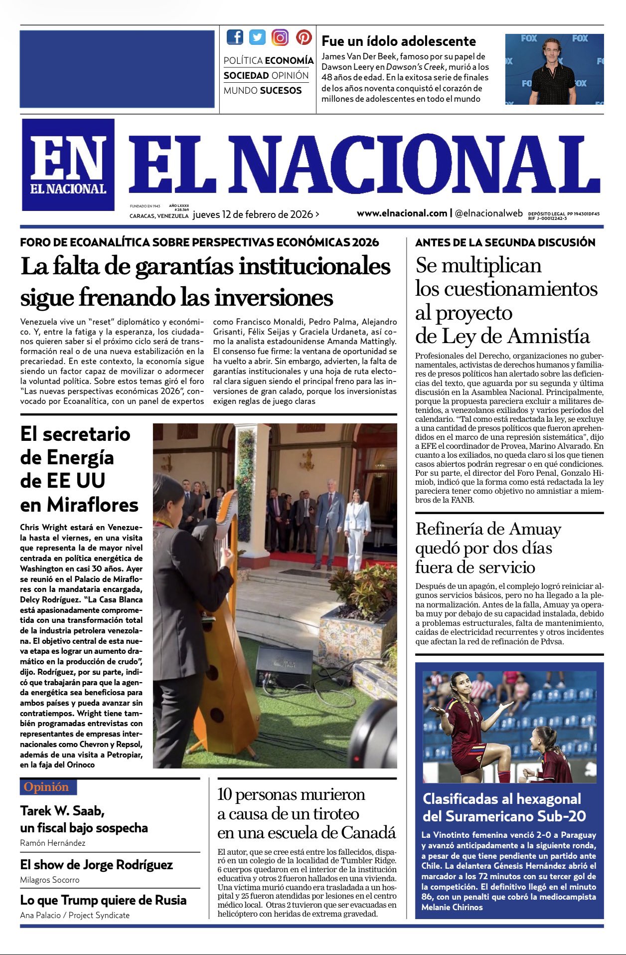 Portadas de este jueves 12 de febrero de 2026