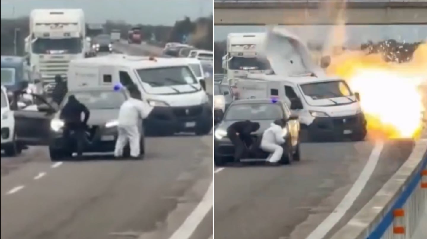 Explosiones y tiroteos, en medio del espectacular asalto a un camión blindado (VIDEO)