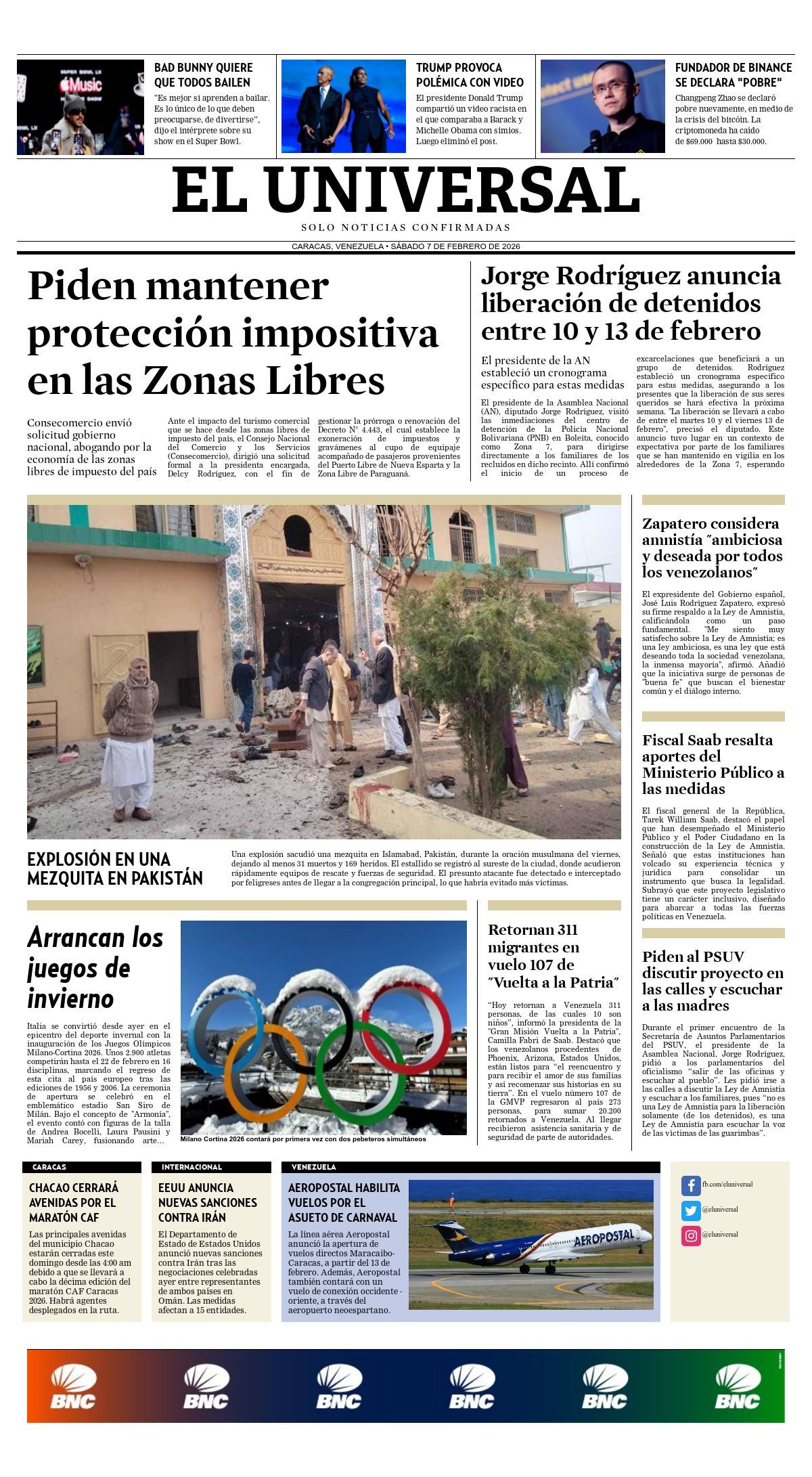 Portadas de este sábado 7 de febrero de 2026