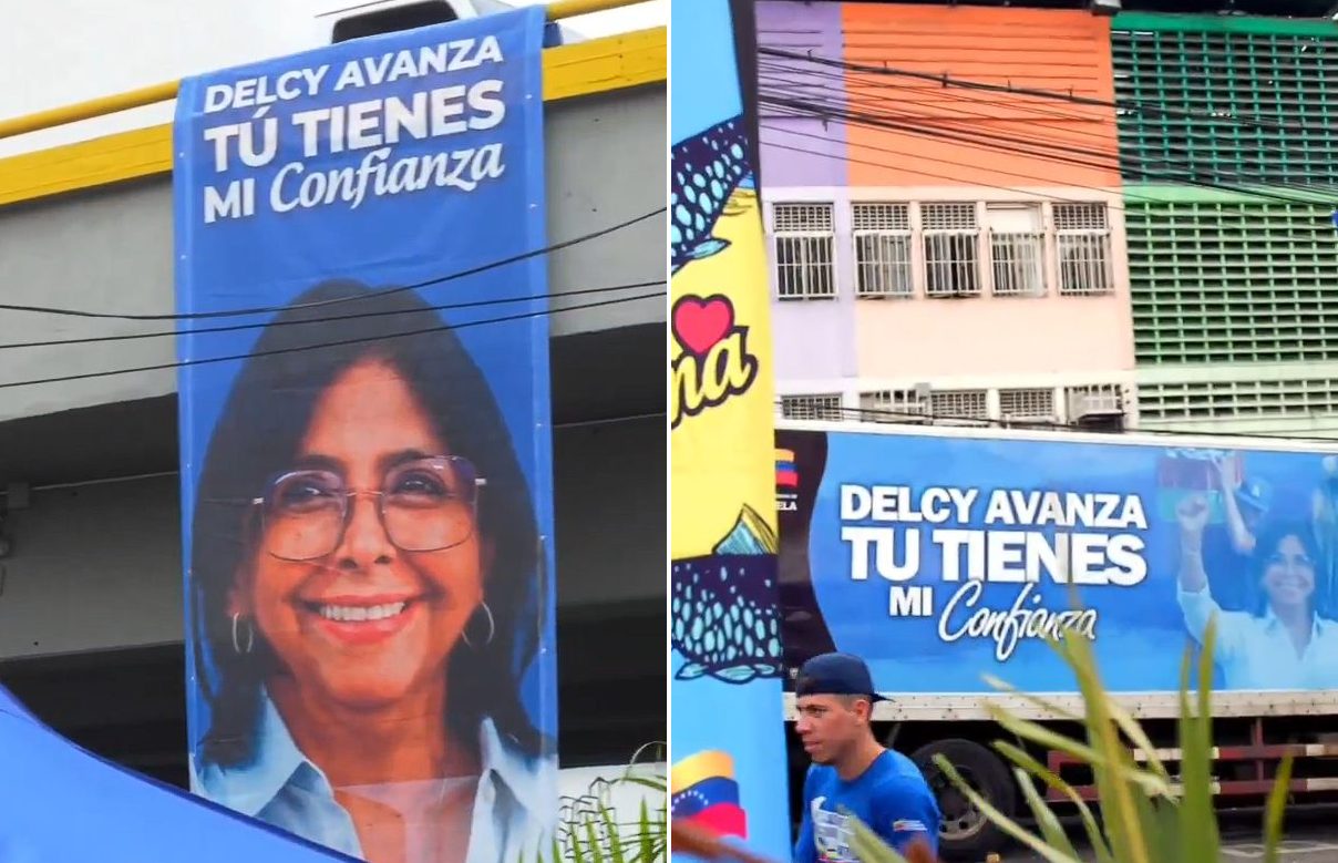 Delcy Rodríguez sustituyó al olvidado Nicolás Maduro con su cara y su nuevo lema de campaña (VIDEO)