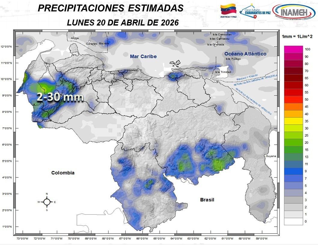 Inameh prevé lluvias intensas en algunas zonas de Venezuela este #20Abr