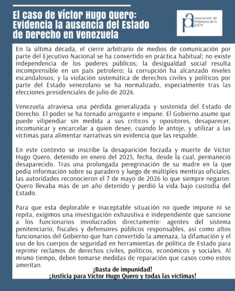 Asociación de Profesores de la UCV se pronunció sobre el caso de Víctor Hugo Quero (Comunicado)