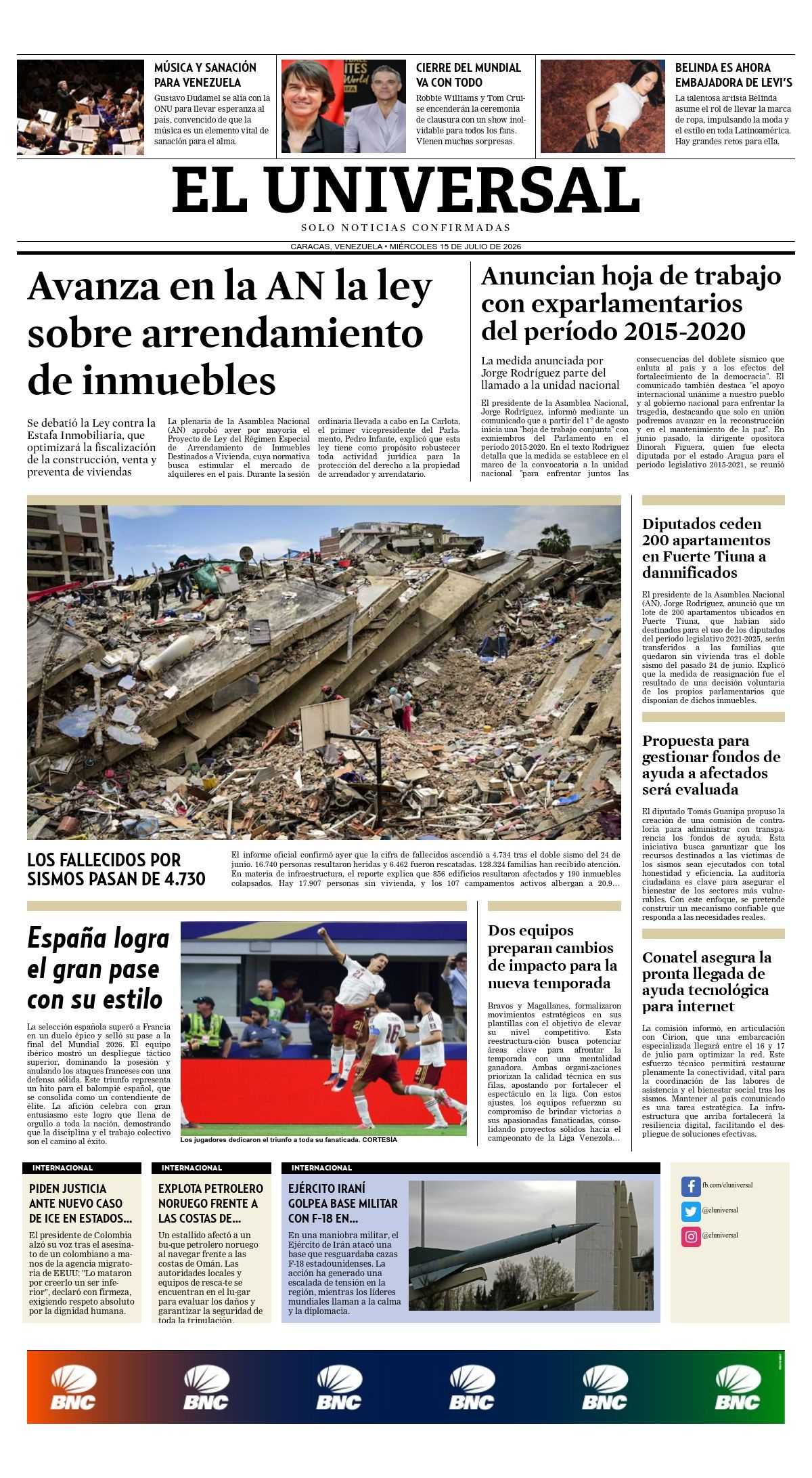 Portadas de este miércoles 15 de julio de 2026