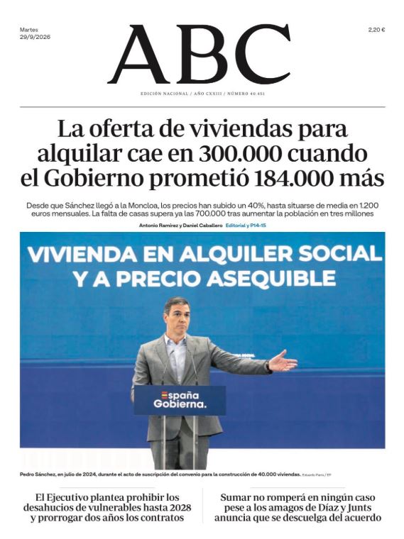 Portadas de la prensa internacional del martes 29 de septiembre de 2026