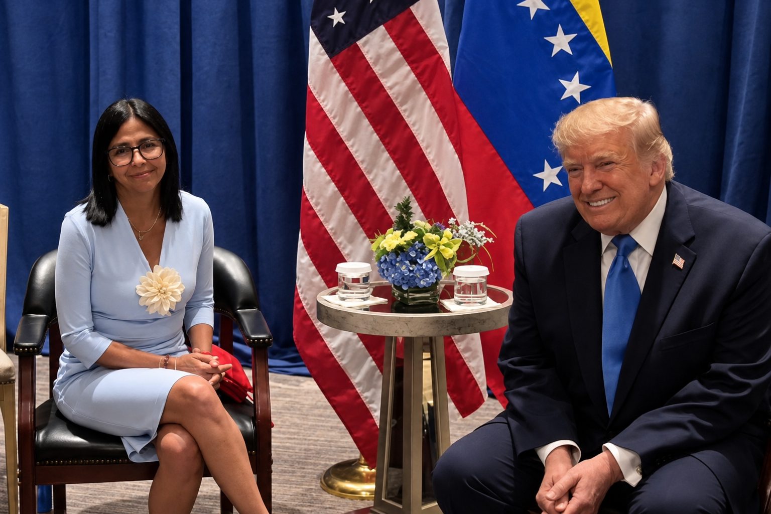 Donald Trump y Delcy Rodríguez juntos tras reunión en Nueva York (FOTOS)