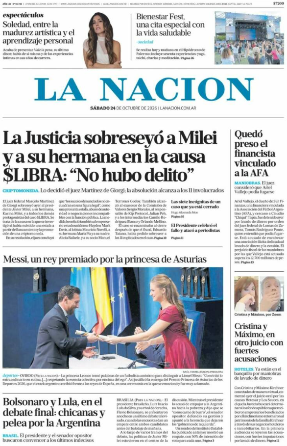 Portadas latinoamericanas de este sábado 24 de octubre de 2026