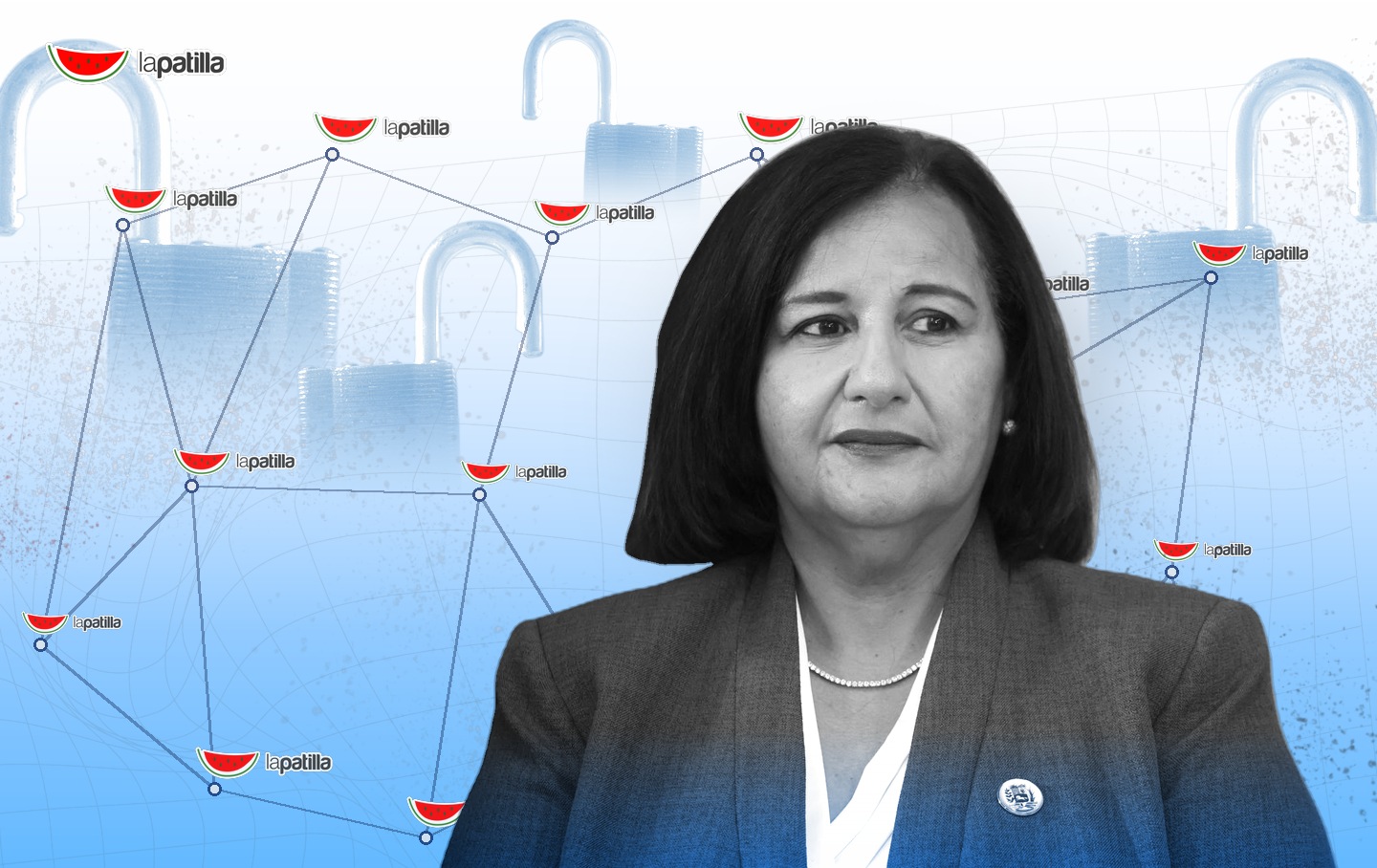 Dinorah Figuera ante una red de logos de lapatilla y candados abiertos
