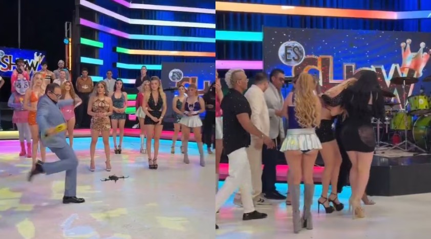 Conductor de televisión molesto pateó un dron y golpeó a una modelo