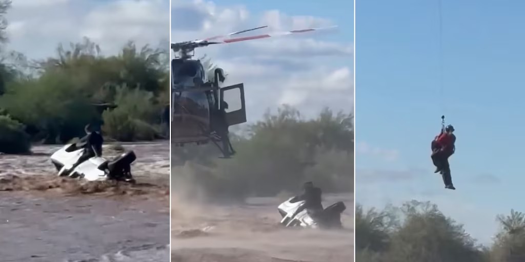 VIDEO: Milagroso rescate en helicóptero salvó a un conductor atrapado por la corriente en Arizona