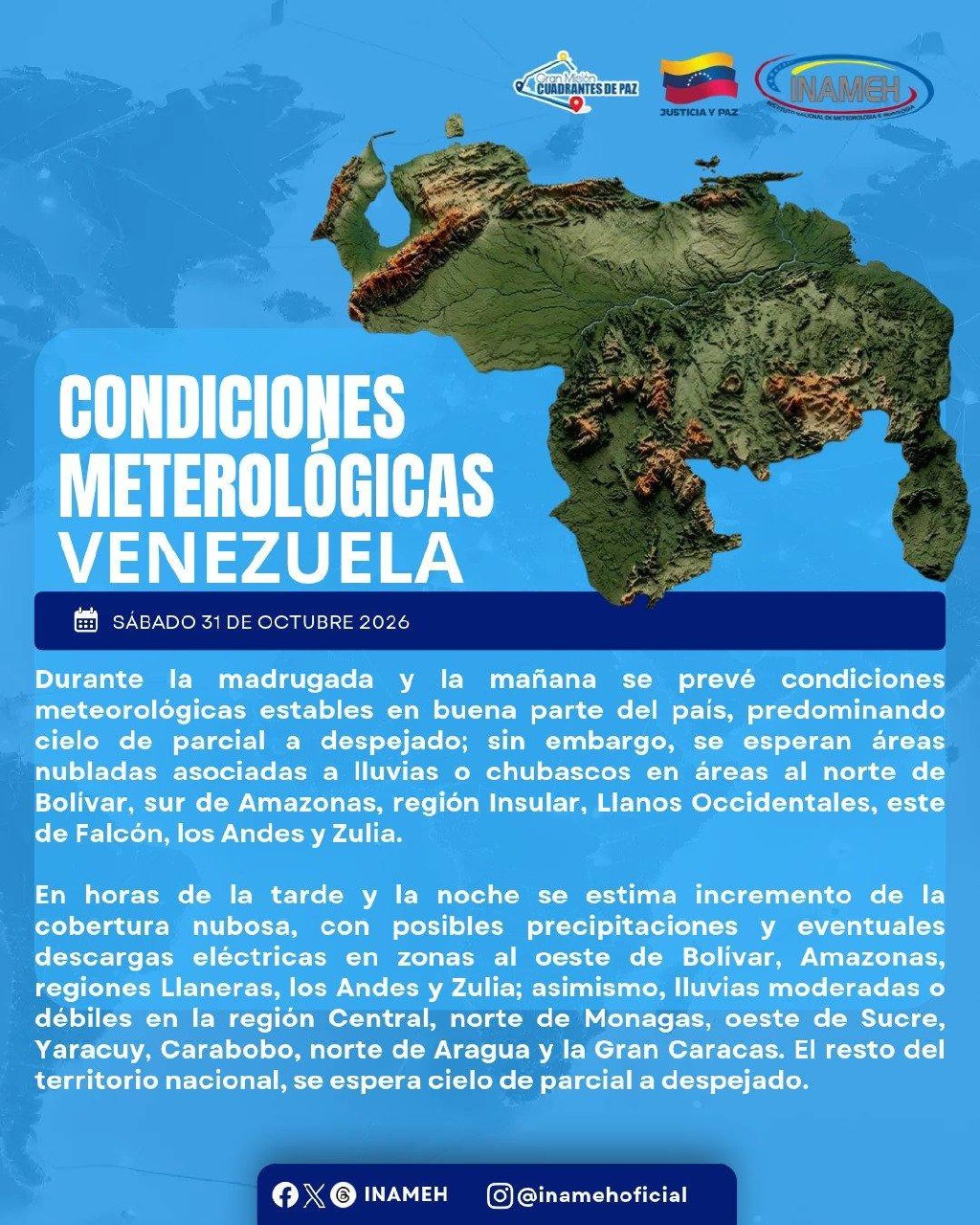 Boletín del Inameh sobre las condiciones meteorológicas en Venezuela el 31 de octubre de 2026